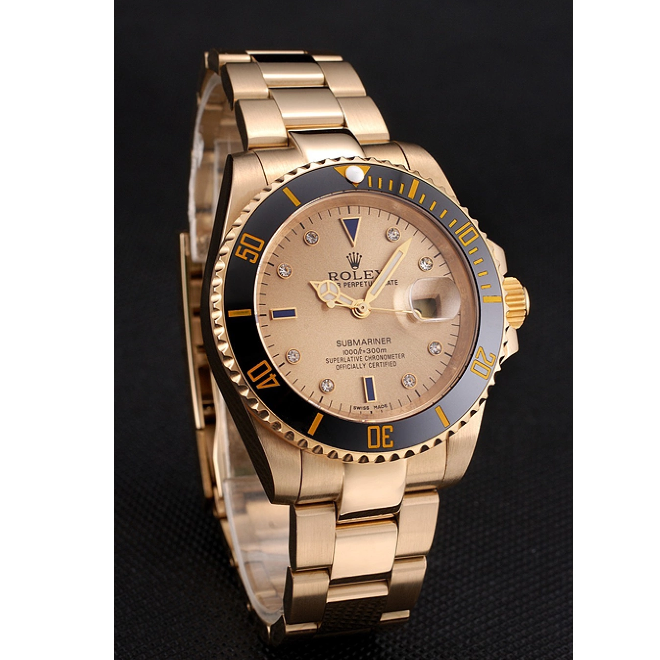 Aaa replica watch Dial Yellow Bracelet Case Gold Diamond Black With Markings Submariner Gold Rolex And Swiss Bezel 0705